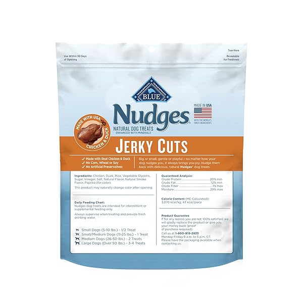 BLUE BUFFALO NUDGES JERKY CUTS DOG TREATS, MADE IN THE USA WITH NATURAL INGREDIENTS, CHICKEN & DUCK, 10-OZ. BAG