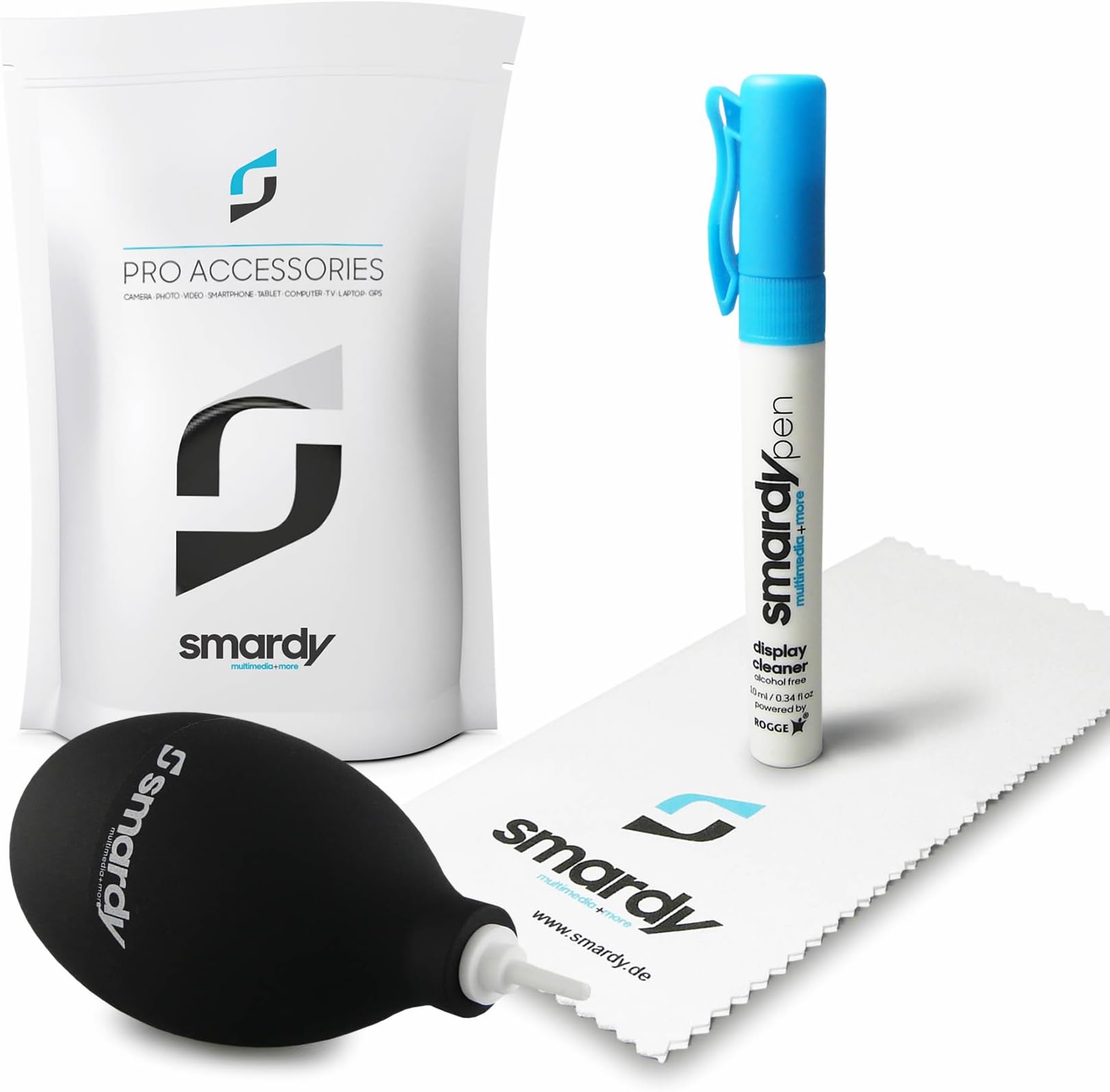 smardy - 3in1 Cleaning Kit for Smartphone, Tablet, Computer, Notebook, Lenses, Filter, Reflex DSLR Camera, Camcorder, LED LCD TFT Display - SprayPen + Air Blower + Microfibre Cleaning Cloth