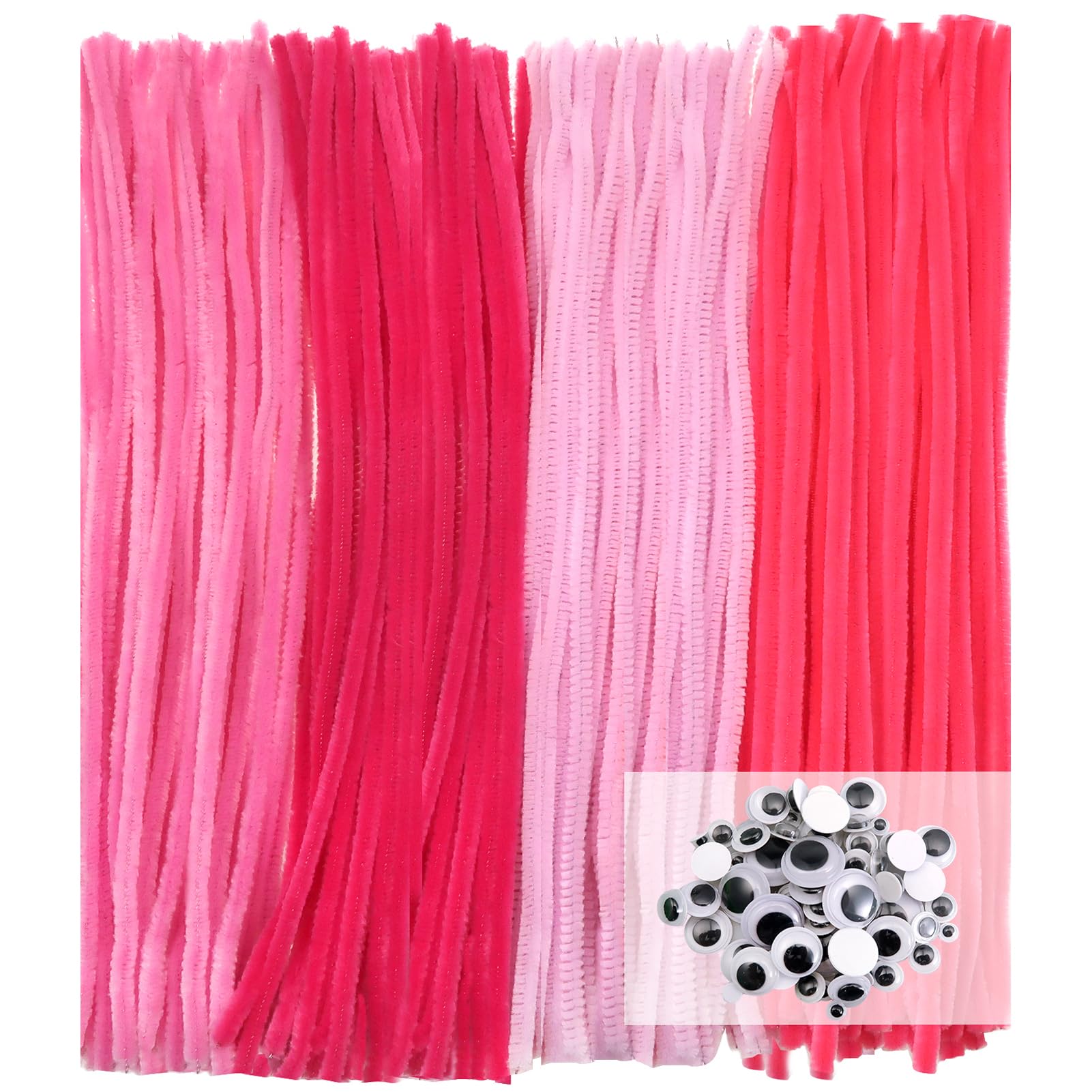 TOAOB 100pcs Pink Pipe Cleaners for Craft 30cm Long Chenille Stem 6mm Thick Fuzzy Sticks Craft Supplies with Wiggle Googly Eyes for DIY Flowers Projects Home Decorations