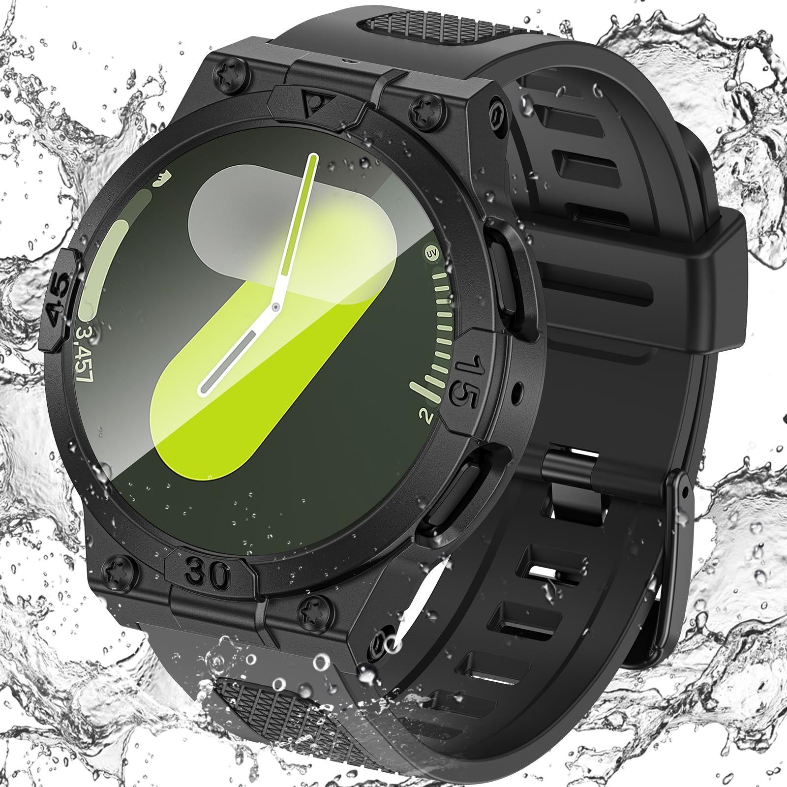 Goton 3 in 1 Waterproof Case and Band for Samsung Galaxy Watch 7 40mm, 360° Protective Hard PC with Tempered Glass Screen Protector for Galaxy Watch Cover Bumper Accessories, Black