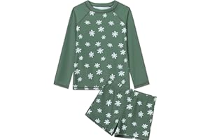 Ewbob 2 Piece Girls Rash Guard Set Long Sleeves Swimsuit Quick Dry Swimwear Beach Shorts Summer Bathing Suits for 3-12 Years