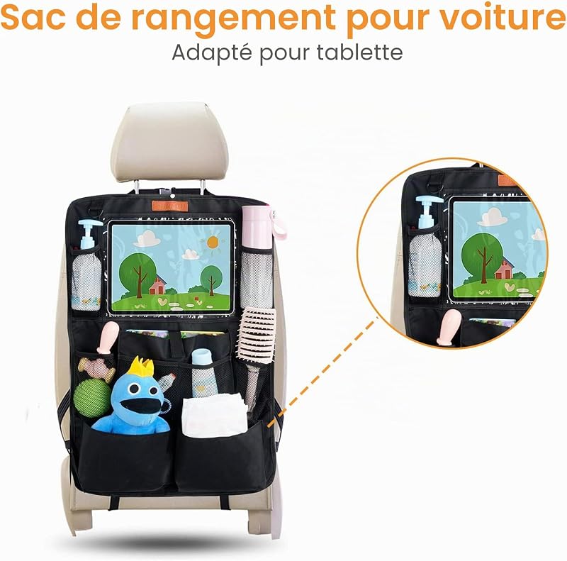 Organisateur Voiture Enfant, Protection Siège Arrière Tissu Oxford Imperméable Anti-Saleté, Rangement Multi-Poches avec Grande Poche pour Jouet et Livres, Accessoire Auto Intérieur, Noir SURFOU