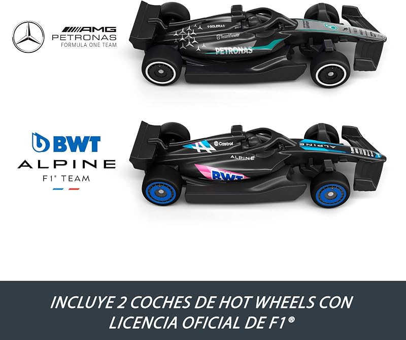 Linha de Partida de Fórmula 1 de corridas, pista de brinquedo e conjunto de carros, pista dupla com 2 carros metálicos à escala 1:64 com Licença Oficial de F1, JKM88