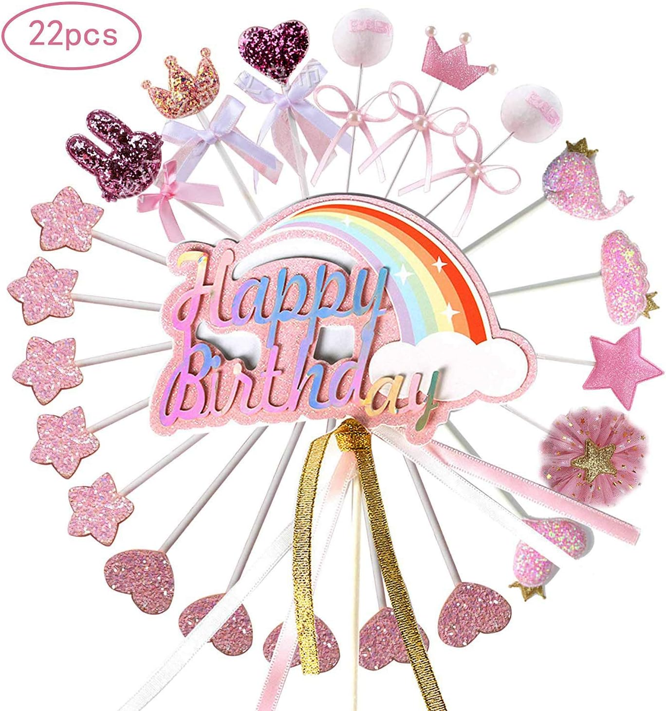 Ohighing Happy Birthday Cake Topper Party Decor Cupcake Topper Cake Snack Decorations Pink