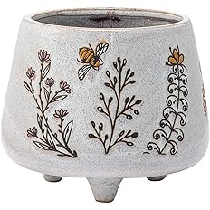 Napco Bumble Bee Flower 5.75 x 4.75 x 4.75 inches Distressed White Ceramic Flower Succulent Plant Raised Footed Pot Planter C