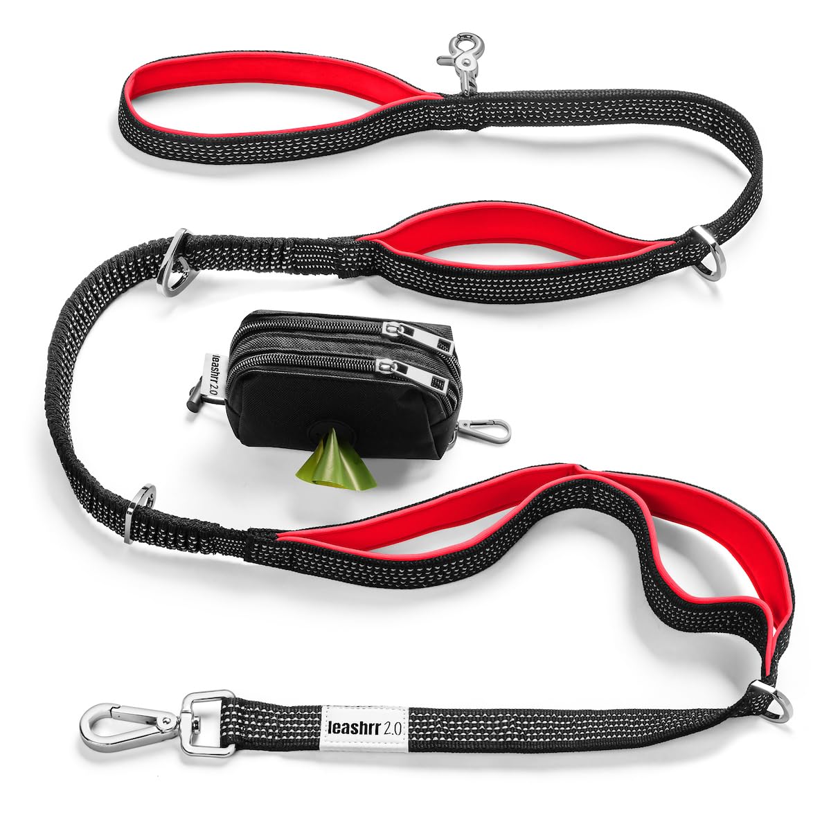 Photo 1 of Heavy Duty Dog Leash for Large Dogs That Pull - Strong Bungee, 4 Padded Handles, 6ft, Poop Bag Holder with Treat Pouch, Highly Reflective, Multi Use Clips and Rings. by Leashrr 2.0 (Red)