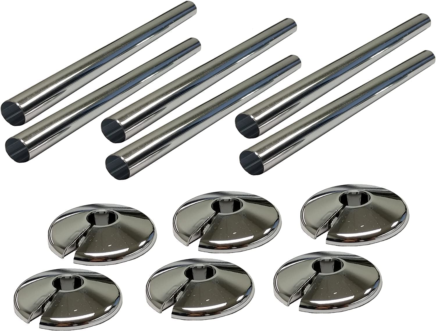 6 x Radiator Pipe Sleeve Covers and Pipe Collars in Chrome Effect 15mm x 200mm
