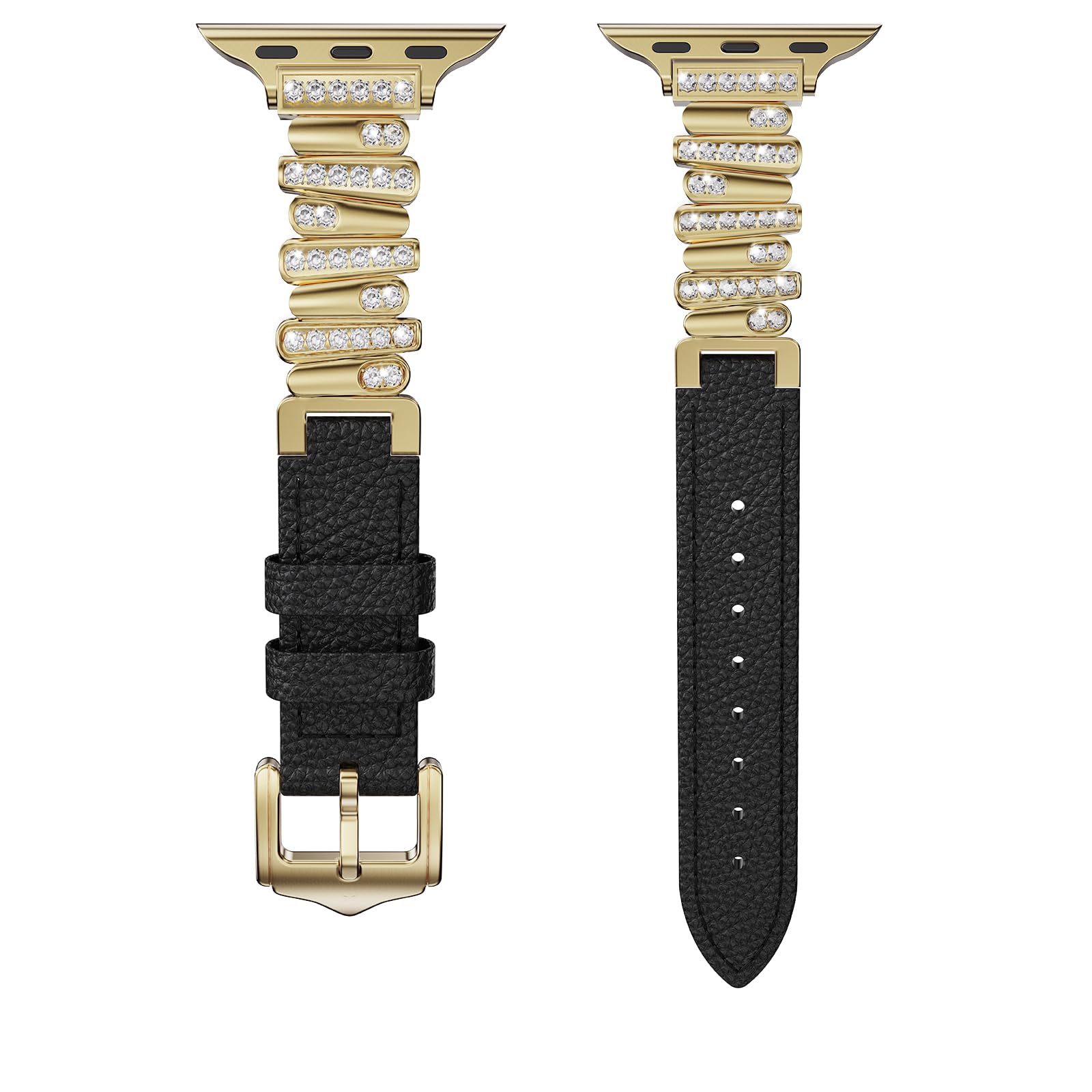 Leather Strap Compatible with Apple Watch Bands Luxurious Slim Fashion Strap Premium Stainless Steel Connectors Designed for Women iWatch Series 11/10/9/8/7/6/5/4/SE (46/45/44/42mm Black-Gold)
