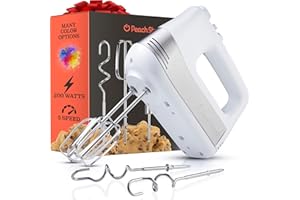 PEACH STREET Powerful Electric Kitchen Hand Mixer, 200 Watts, 5 Speed Food Handheld Mixer, with Turbo Button, Dough, Whisk and Beater Attachments, and Accessory Bin, for Dough, Eggs, Batter, (White)