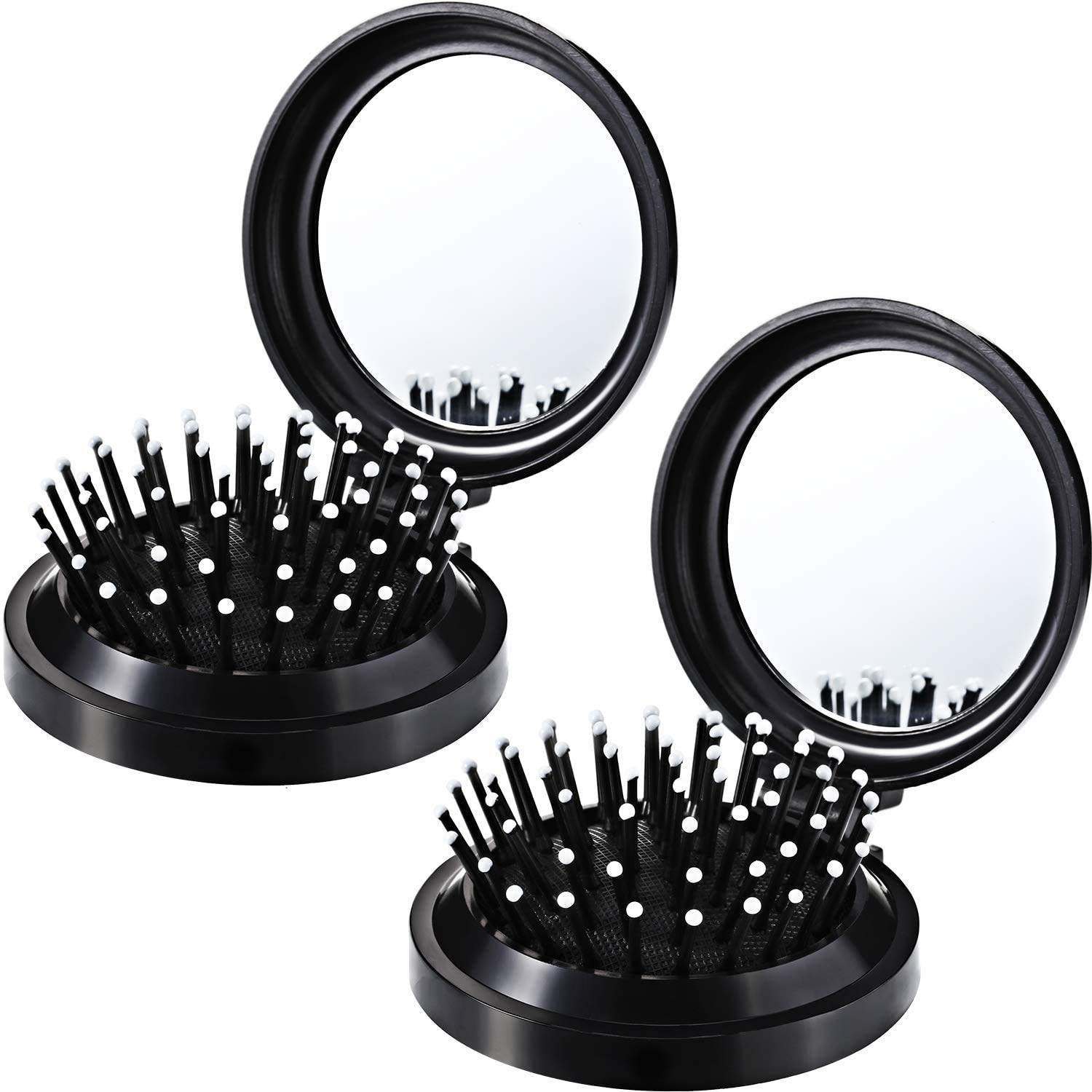 Jieddey Hair Comb With Mirror,2 PCS Folding Travel Hair Brush Compact Popper Hairbrush Round Hair Brushes Mini Hair Comb Pocket Mirror for Women Girls