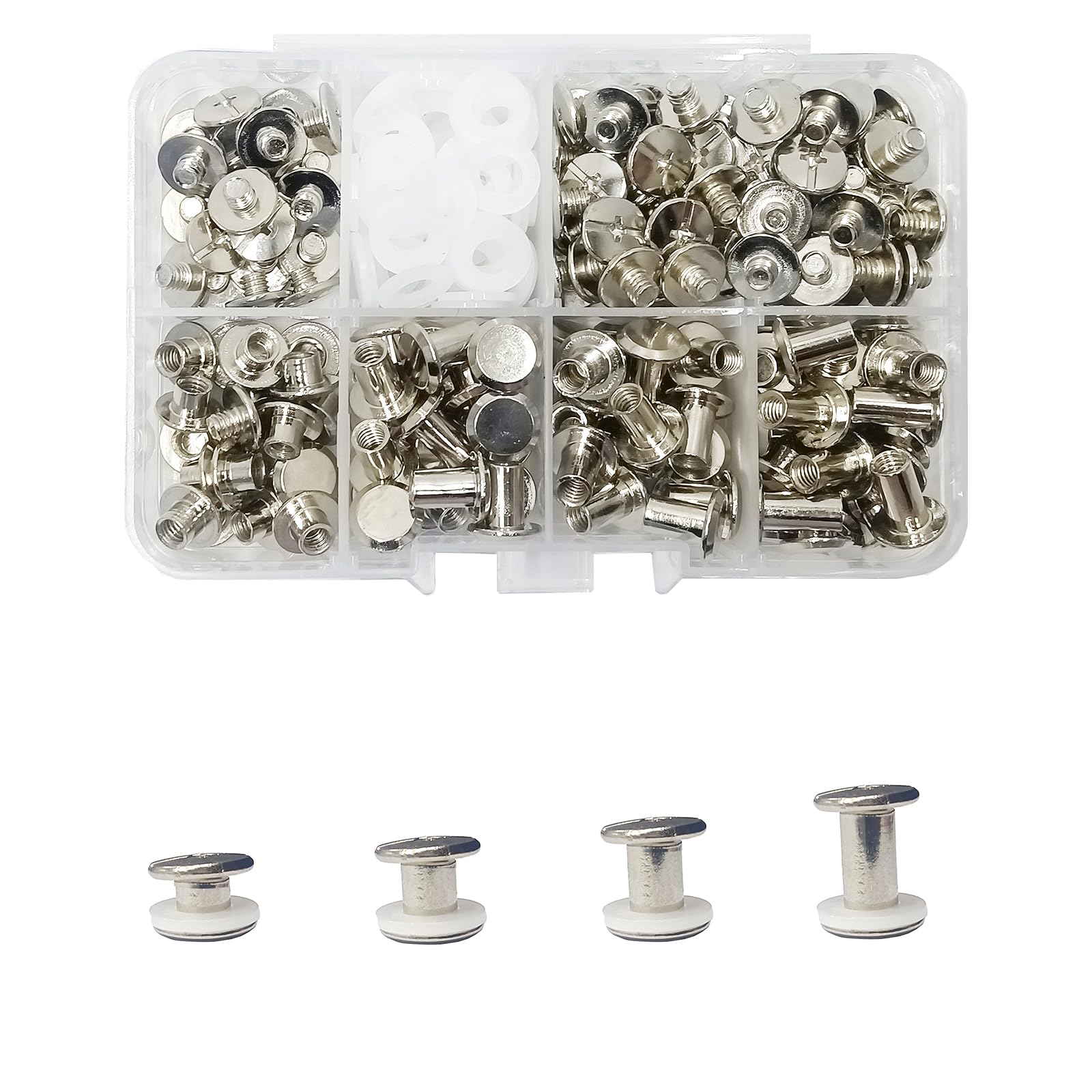 JXPXJMY 80 PCS Chicago Screw Set, Carbon Steel Binding Rivets for Books Leather Ledgers Travel Cases,Size M5*4/6/8/10 mm with Gasket (Silver)