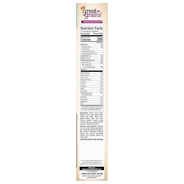 GREAT GRAINS RAISINS DATES & PECANS BREAKFAST CEREAL, CRUNCHY CLUSTERS WITH SWEET FRUIT AND WHOLE GRAINS, NON-GMO, 25 OZ BOX