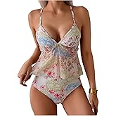 RoseSeek Women's 2 Piece Floral Swimsuit Tankini Sets V Neck Camisole Tops Bikini Bottoms Boho Bathing Suit