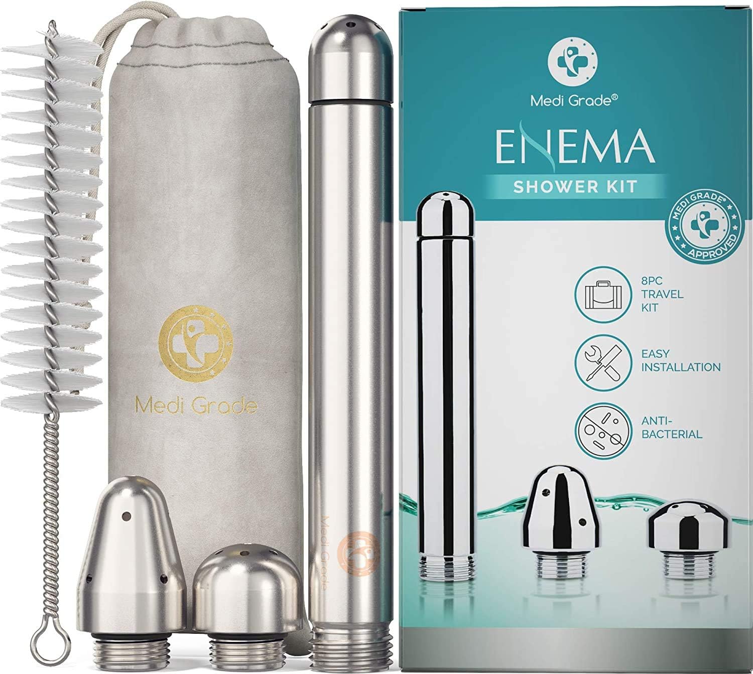 Medi Grade Accesorios de Enema para Cabezal de Ducha – 4 Lujosas Boquillas de Ducha de Aluminio – Kit Limpiador Anal y Vaginal – Con Bolsa de Transporte de Terciopelo – Set de Lavado Intimo Unisex