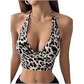 WDIRARA Women's Leopard Print Halter Top Deep V Neck Cami Crop Tops Tie Back Sleeveless Slim Fit Cami Tops