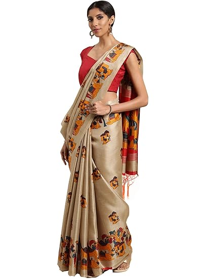 Poly Silk khaki Printed Womens Saree With Tassels