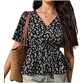 MakeMeChic Women's Peplum Tops Floral Blouse V Neck Ruffle Sleeve Belted Summer Shirt