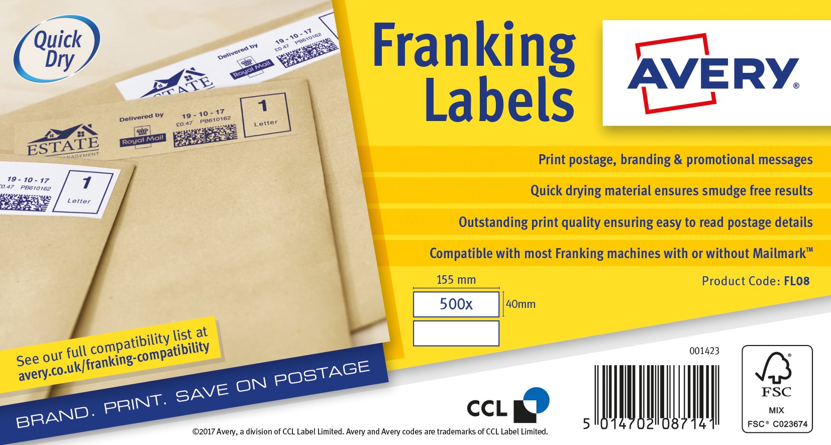 Avery Franking Labels FL08 – 100 Sheets, 2 Self-Adhesive Stickers per Sheet (200 Total), Laser Printer Compatible, Postage and Mailing Labels for Franking Machine