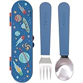 Nuby Stainless Steel Toddler Utensils with Travel Case - Self-Feeding Fork & Spoon Set for Kids - Easy-to-Hold Training Utensils - Rounded Safe Edges for Self-Feeding - Galaxy