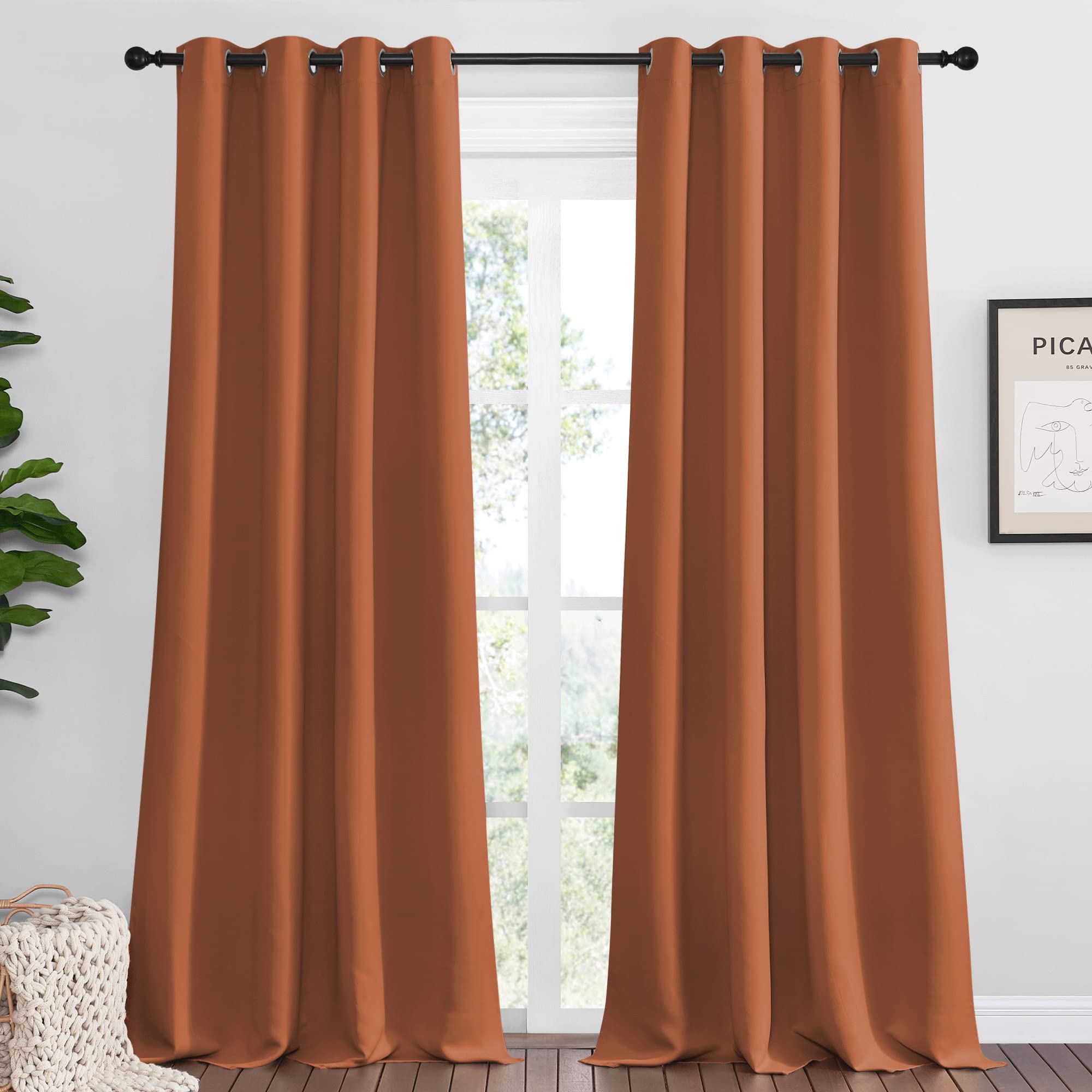 NICETOWN Burnt Orange Blackout Extra Long Curtains for Sliding Door, 55 by 120, 2 Pieces, Blocking Out Sunlight Window Treatment Modern Design Grommet Curtain Panels for Dining Room Image