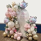 VitaCraft Tea Party Decorations, 132pcs White Sand Twilight Pink Metallic Gold Balloons with Teapot Mylar Balloon for Girls Birthday Let's Par-Tea Spring Garden Party Decorations