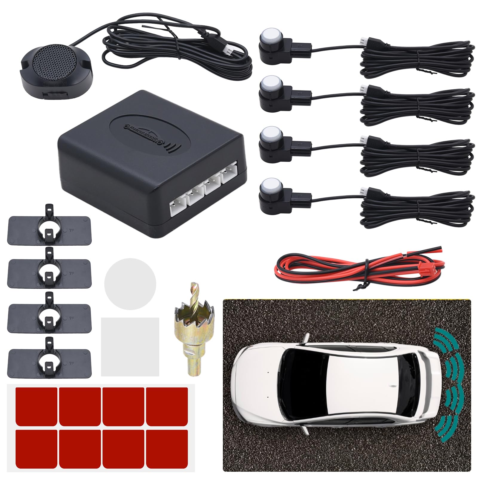 KAOLALI Parking Sensors Car Parking Sensors 4 Sensors Kit Rear Reversing Car Parking Sensors Reversing Sensors Audio Buzzer Alarm, White