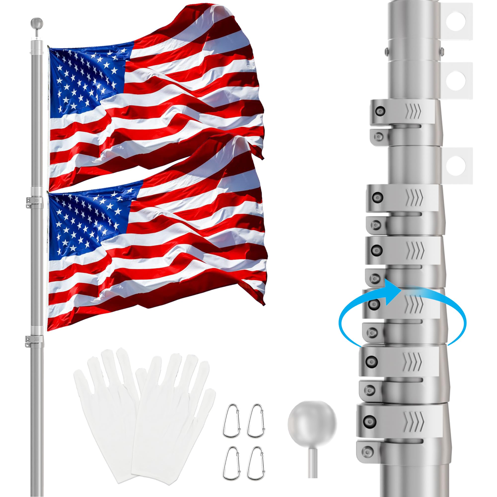 Photo 1 of 20FT Telescoping Flag Pole Kit,Heavy Duty Aluminum Flag Poles for Outside Inground with 3'x 5' American Flag & Black Ball Topper, Flag Pole Kit for Yard, Residential and Commercialn, Silver