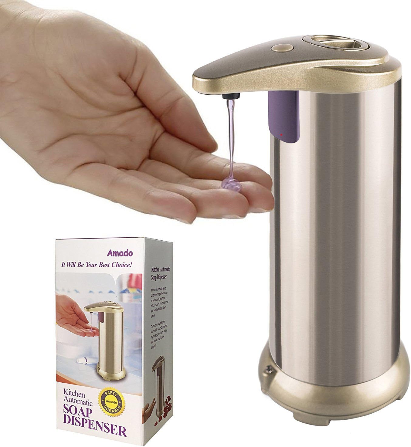 Amado Kitchen Automatic Soap Dispenser, Made of Brushed Stainless Steel and Waterproof Base, Automatic Touchless Soap Dispenser for Home and Commercial use