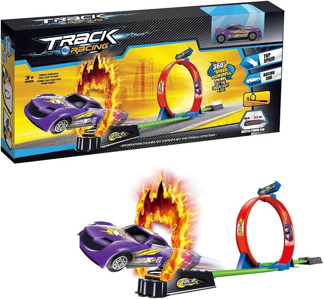 TMG Track Racing Stunt Track Racer swith Cars & Launcher Make 360 Speedway,Spin Way Powerful, Inertia Powered Car Racing Track Best Toy Gift for Kids