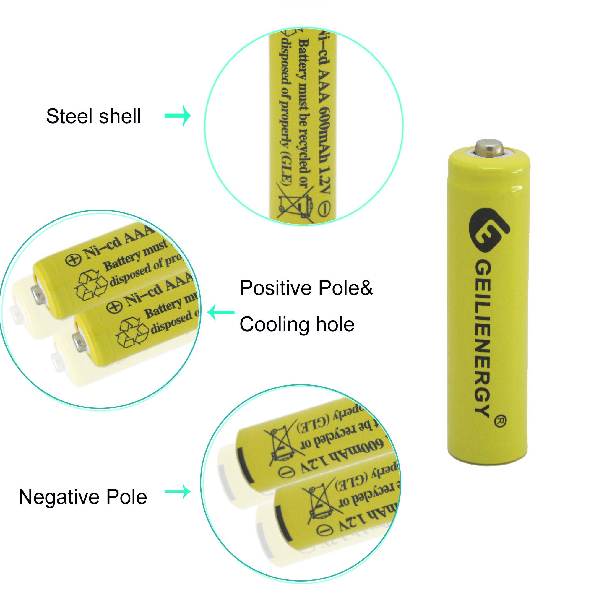 GEILIENERGY 1.2v AAA NiCd 600mAh Triple A Rechargeable Battery Cell for Solar Lights Garden Lamp(8 PCS)