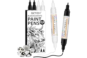 Betem 4 Count Dual Tip Oil Based Black White Paint Pen(0.7mm & 3mm), White Permanent Marker Black Paint Markers, Waterproof, Quick Dry, for Fabric, Rock Painting, Wood, Plastic, Ceramic, Metal, Canvas