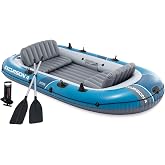 INTEX Excursion 4-Person Inflatable Fishing Boat River Raft Set with Oars | 66324EP - Portable Boat with Extra Wide Cockpit and High-Ouput Hand Pump, 10ft 4in &times; 5ft 5in