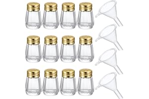 Potchen 12 Pcs Cube Shape Mini Salt and Pepper Shakers Bulk 0.5 oz Small Cube Glass Spice Shaker with Plastic Mini Funnels for Wedding Kitchen Restaurant Travel Camp Party (Golden)
