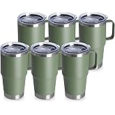20oz Tumbler Bulk with Lid, Stainless Steel Tumbler Bulk with Handle, Metal Insulated Travel Coffee Mug Set with Handle, Double Wall Vacuum Leak Proof Tumbler Cup, Amy Green 6 Pack