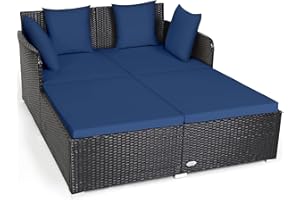 COSTWAY Outdoor Patio Rattan Daybed, Sponge Cushioned Loveseat Sofa with 4 Pillows, Wicker Furniture Sunbed for Balcony, Courtyard (Navy Blue)