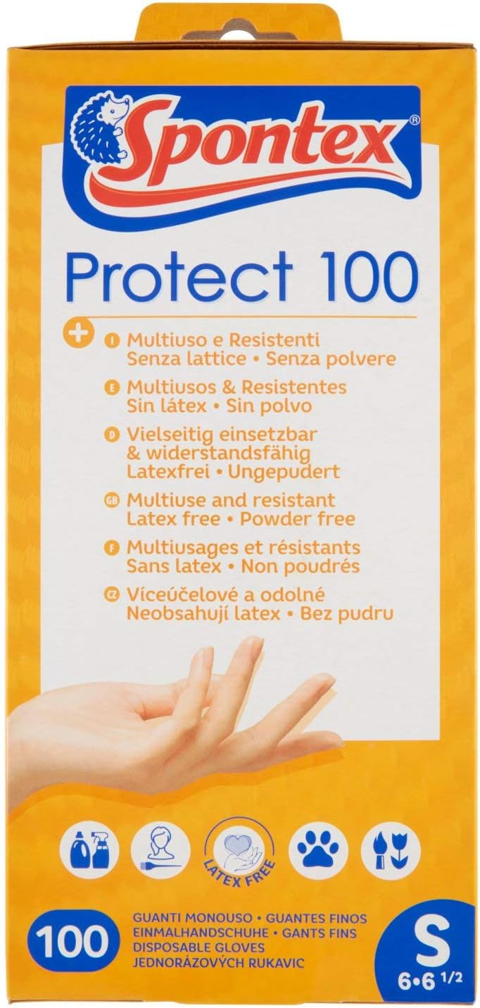 Spontex Protect Vinyl Disposable Gloves, Powder-Free and Latex Free, Multi-Purpose, in Practical Dispenser Box, Size S, Pack of 100