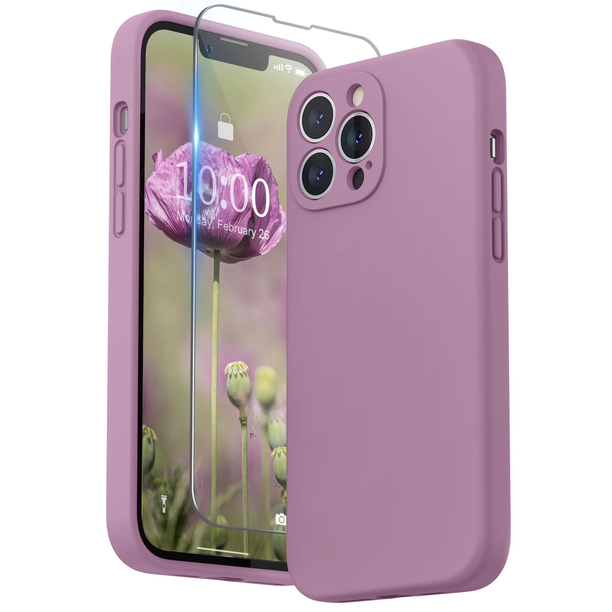 SURPHY Compatible with iPhone 13 Pro Max Case with Screen Protector, Liquid Silicone Protection for Each Lens Shockproof Thickened Rubber Cover for iPhone 13 Pro Max 6.7 inch 2021, Lilac Purple — image 1