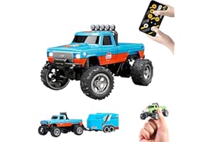YRounee 1:64 Mini RC Monster Truck with LED Lights | 2.4GHz Off-Road Remote Control Car | 3 Speed Adjustable, USB Rechargeable Alloy RC Truck for Kids & Adults Indoor/Outdoor Racing (Orange Blue)