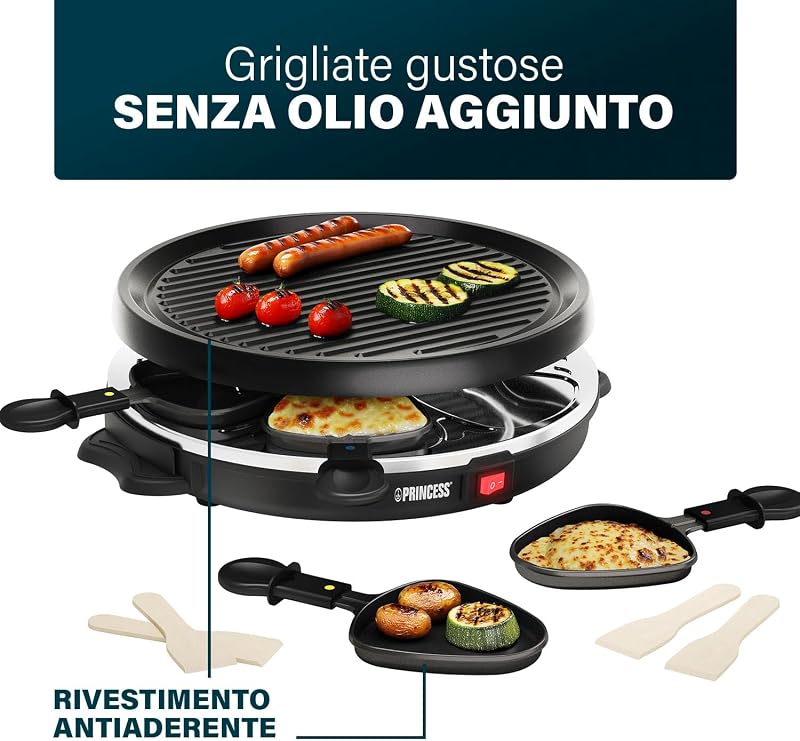 6 Party Grill raclette 162725, 800 W, 6 Persone, Forma rotonda intelligente, Nero