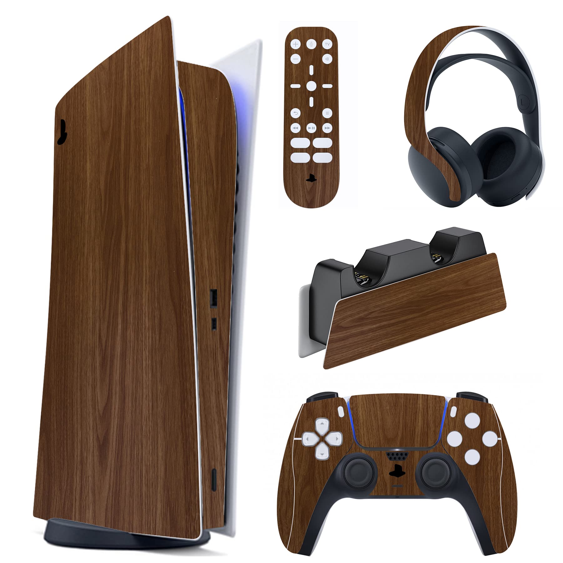 PlayVital Wood Grain Full Set Skin Decal for ps5 Console Digital Edition, Sticker Vinyl Decal Cover for ps5 Controller & Charging Station & Headset & Media Remote
