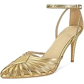 SOVANYOU Gold Heels for Women Closed Pointed Toe Ankle Strap High Heels Women's Stiletto Pumps for Wedding Prom Party Shoes