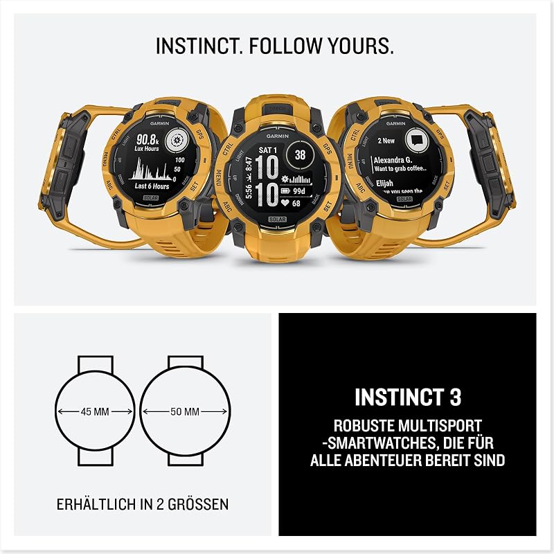 Instinct 3 50mm SOLAR – GPS-Multisport-Smartwatch, 1,1" Display, bis zu 40 Tage Akkulaufzeit, 80+ Sport-Apps, Navigationsfunktion, smarte Features, LED-Taschenlampe, wasserdicht