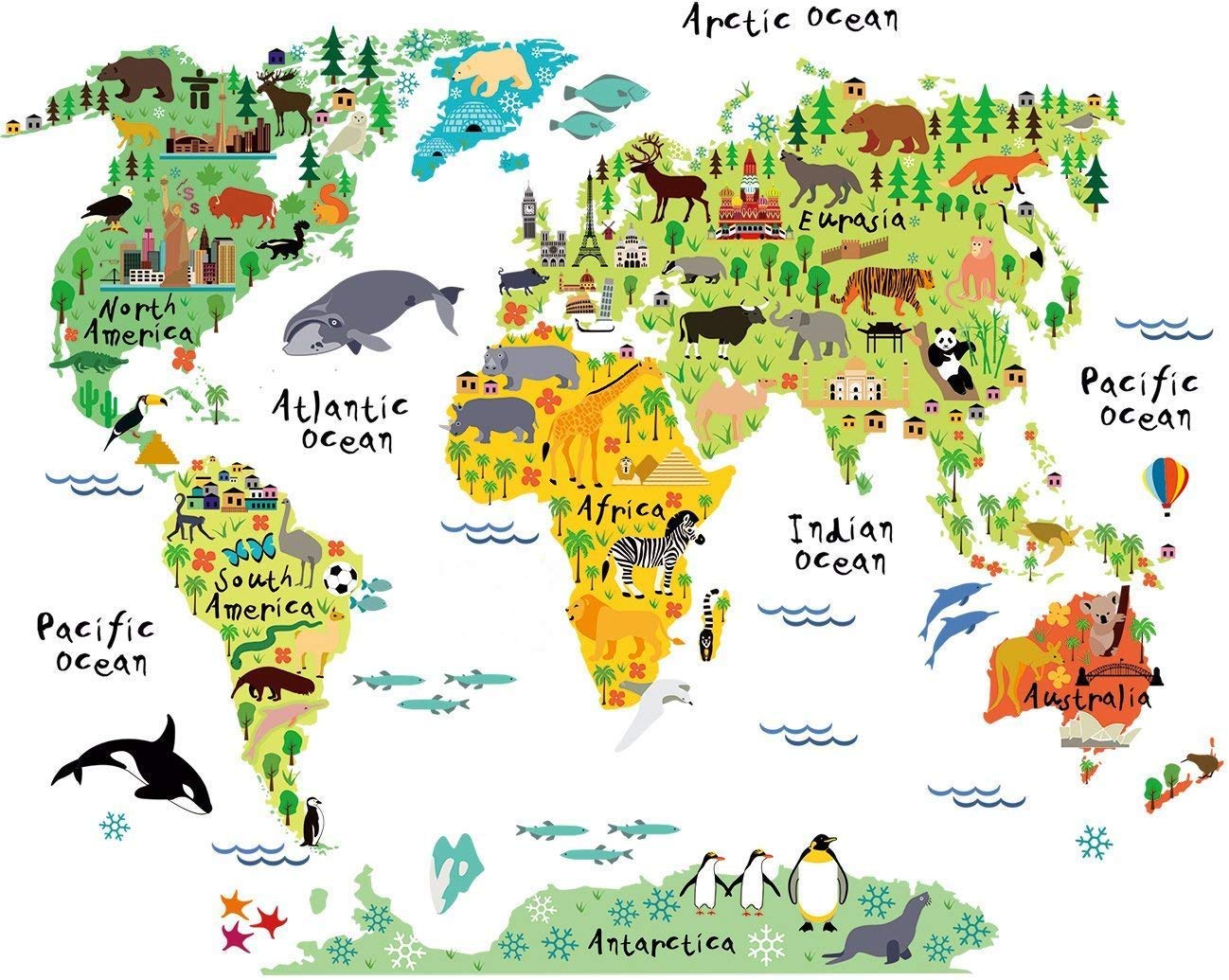 Decorative Vinyl Adhesive World Map Wall Sticker Children's Rooms, Play Areas. Vinyl Original and Fun for Children