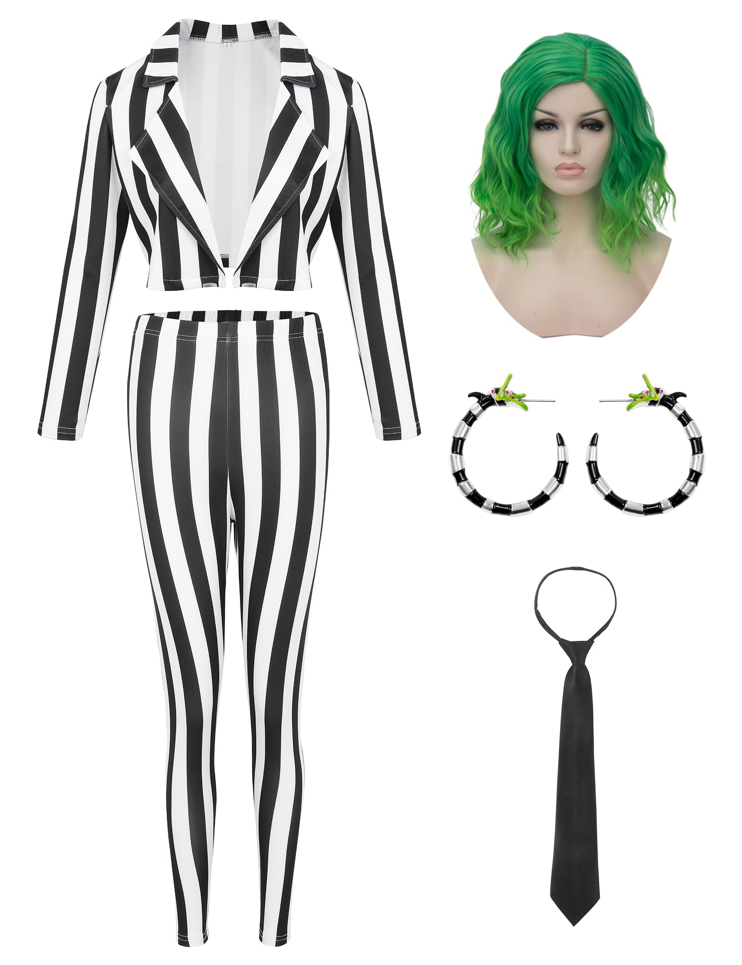 Photo 1 of Women Halloween Costumes Black and White Striped Blazer Length Pant with Tie Green Wig Earrings Movie Character Cosplay Outfit RK018 LARGE