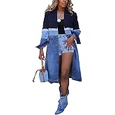 Tbahhir Women's Denim Trench Coat Lapel Notched Long Sleeve Jean Patchwork Blazer Jacket Midi Overcoat with Pockets