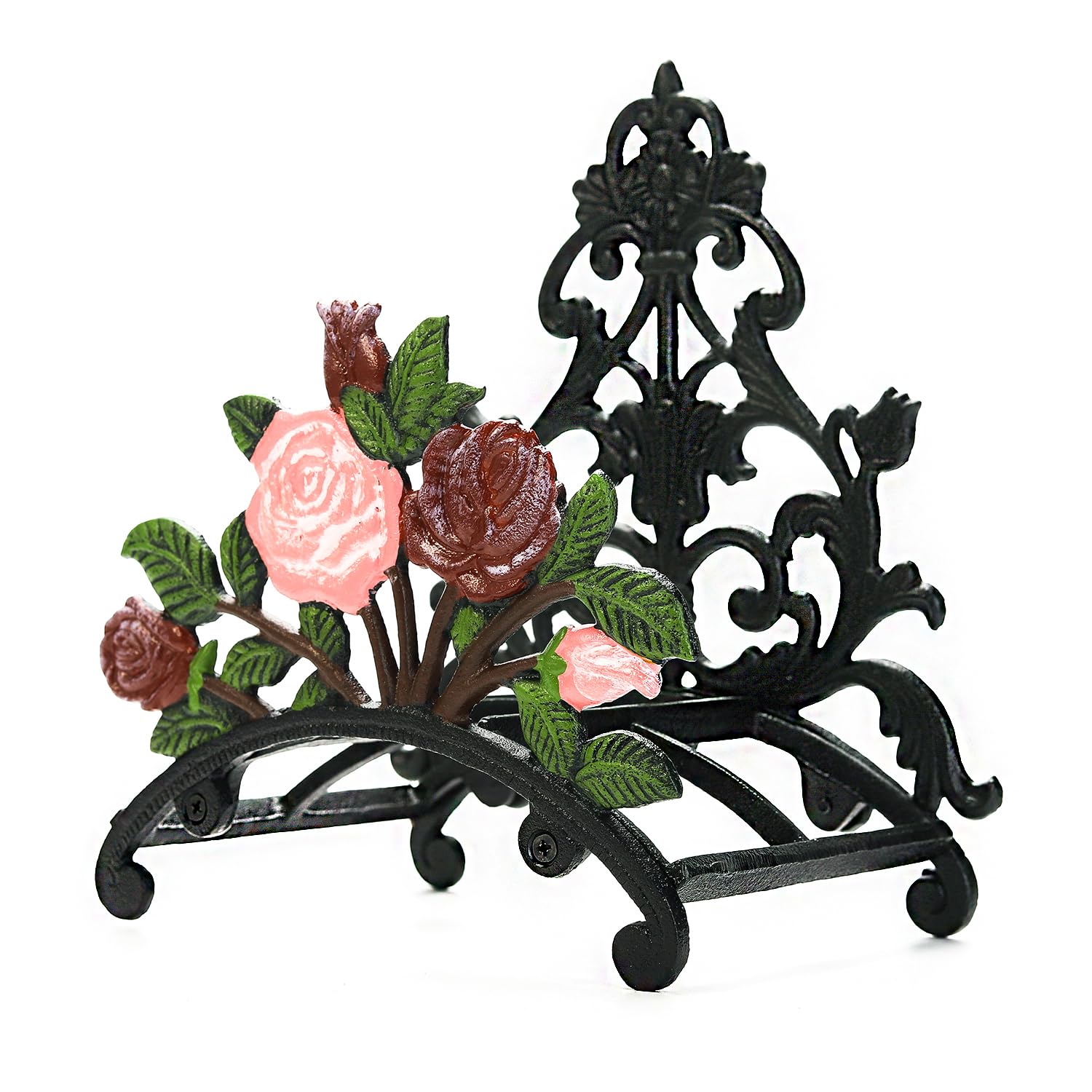 Sungmor Cast Iron Heavy Duty Garden Hose Holder - Decorative Hand-Painted Peony Wall Mounted Water Hose Hanger - Wall Decoration Hanging Hose Rack - Hose Reel Storage Butler - Metal Hose Stand