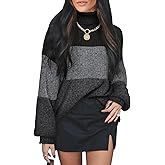 OFEEFAN Turtlenecks Tops for Women Oversized Sweaters Fall Outfits 2026 Plus Size Clothes Long Sleeve Shirts Color Block