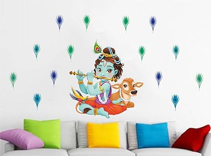 Rawpockets Decals Lord Krishna Flute Singing with Cow and Peacock Petal Decorative Wall Sticker - (PVC Vinyl, 125 cm x 90 cm, Multicolour)