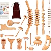 Ollixtec 16-in-1 Wood Therapy Massage Tools Gua Sha, Maderoterapia Kit Muscle Pain Relief, Lymphatic Drainage, Body Sculpting Kit with Facial Wood Roller Fascia Massage