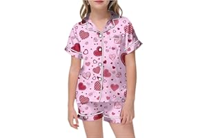 Silky Satin 𝙋𝙖j𝙖m𝙖𝙨 Sets for Girls Valentine's Day Bow Heart Print Outfits Lapel Neck Shirts and 𝙎lee𝙥ing Shorts 2-13Y